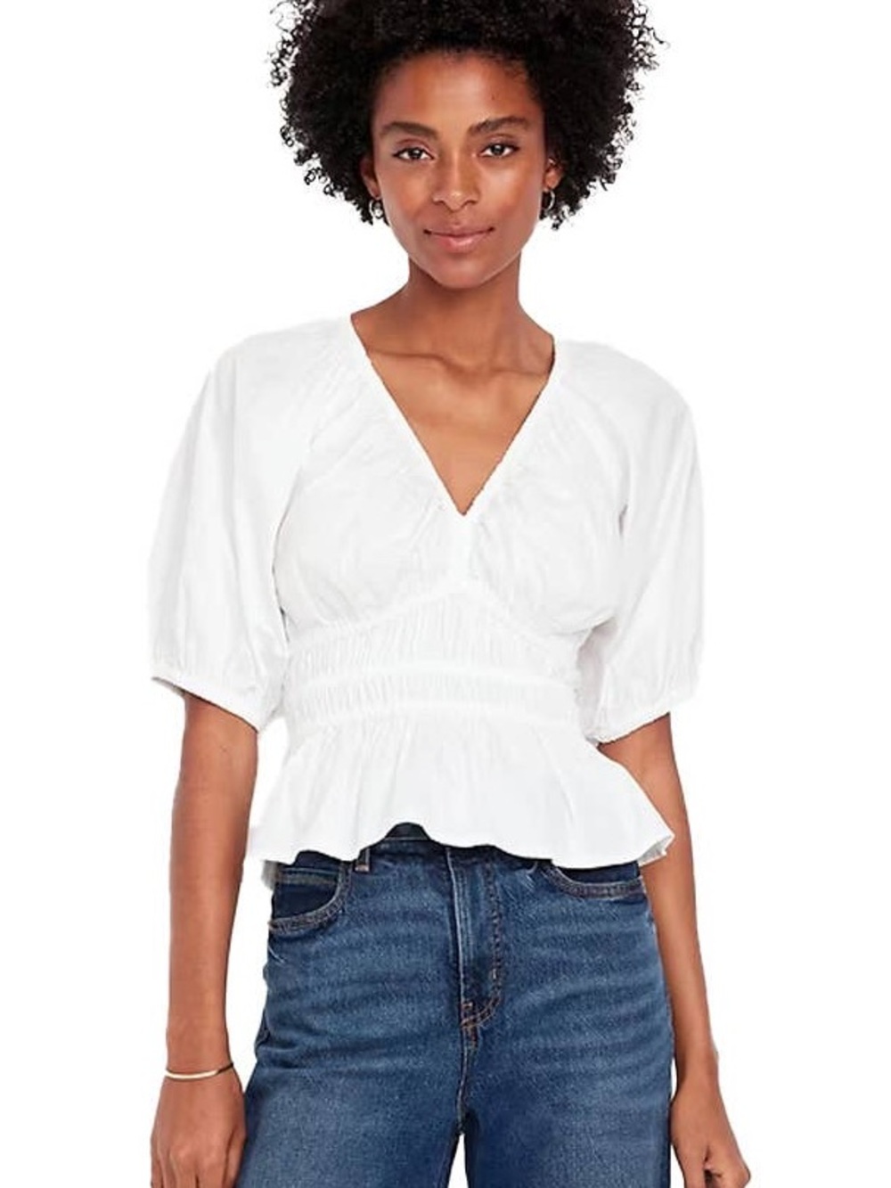 Old Navy White Puff Sleeve V-Neck Peplum Top